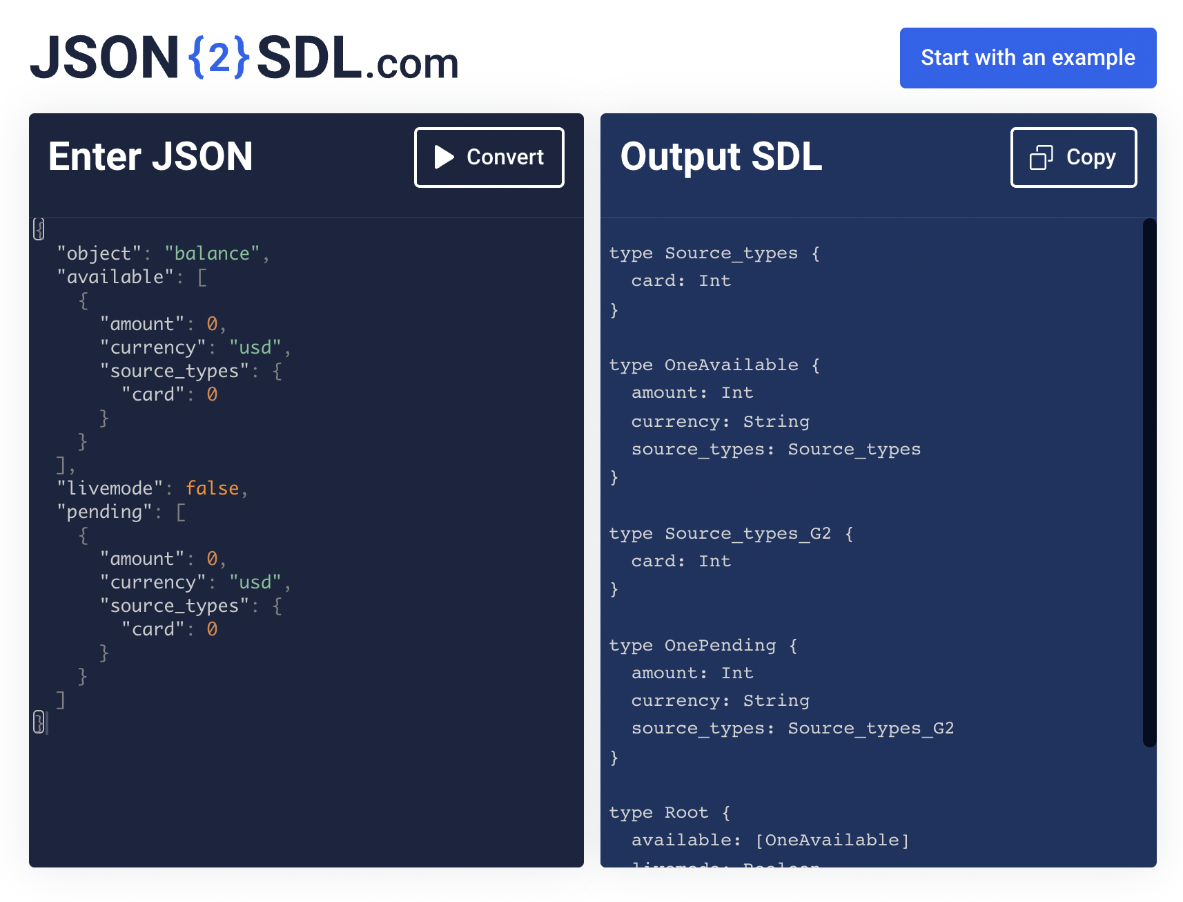 JSON2SDL editor screenshot with example code